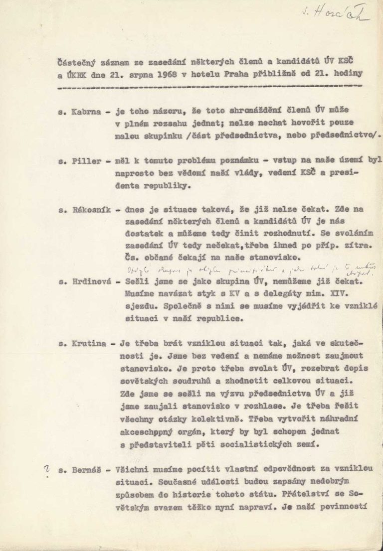 Záznam ze zasedání v hotelu Praha 21. 8. 1968