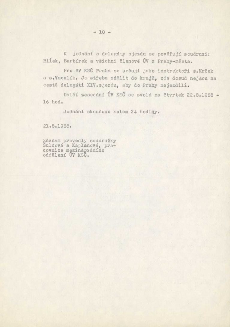 Záznam ze zasedání v hotelu Praha 21. 8. 1968