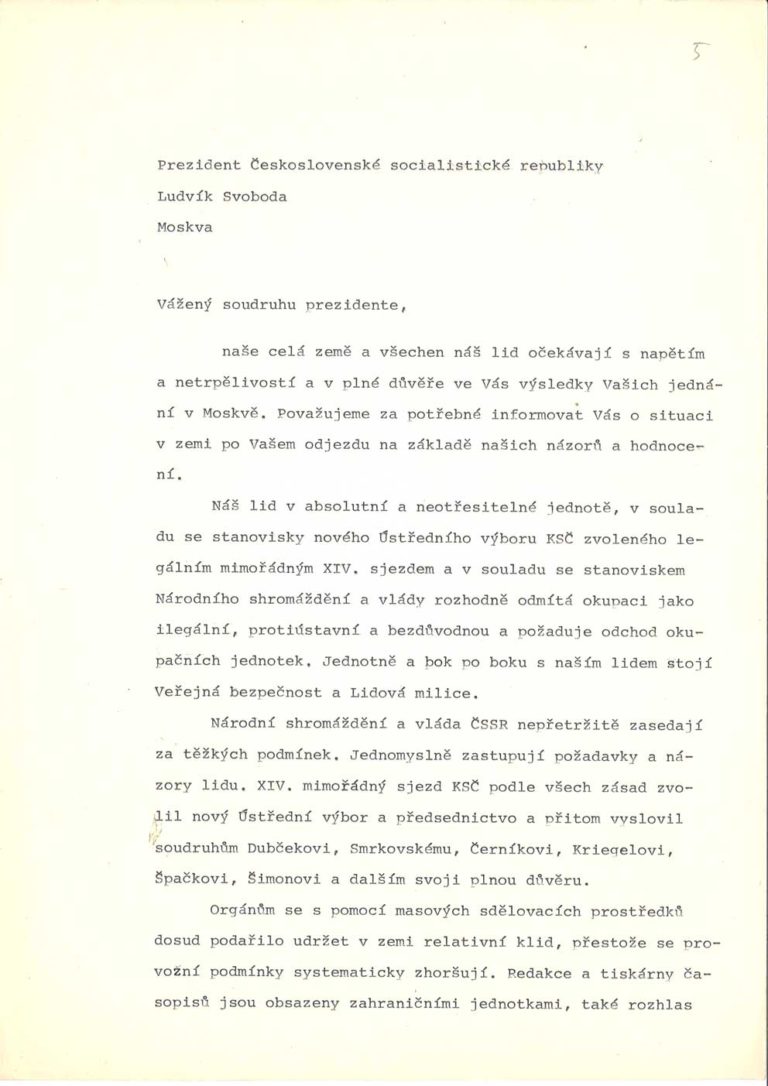 Dopis vlády ČSSR předsednictva FS a PÚV KSČ prezidentu ČSSR k jednání československé delegace v Moskvě