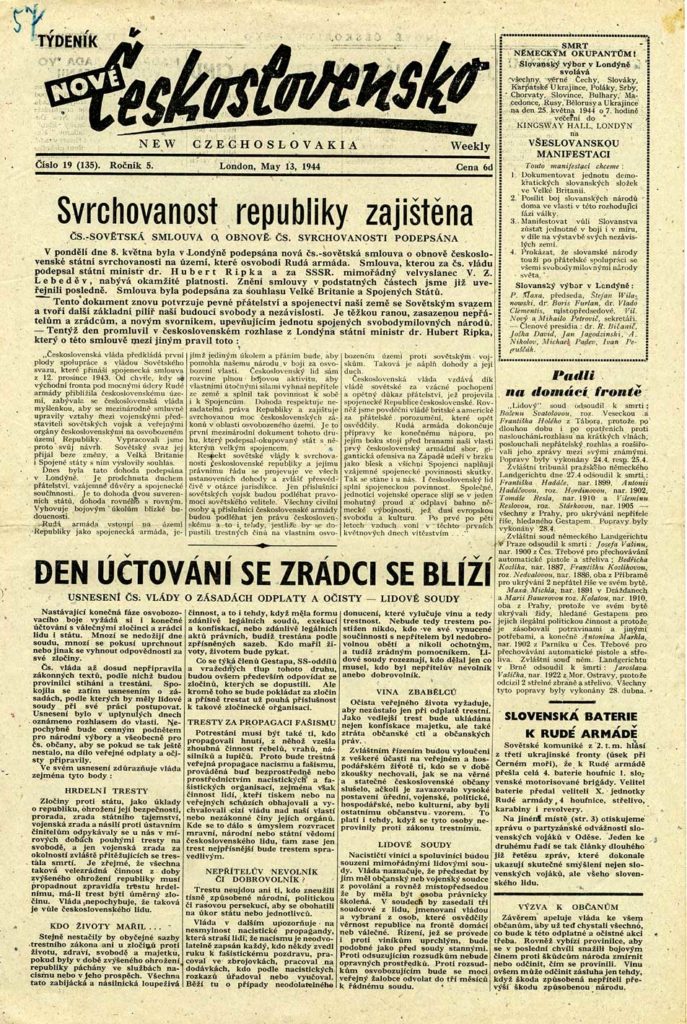 Titulní list periodika Nové Československo informujícím o podpisu československo-sovětské smlouvy o pobytu spojeneckých sovětských vojsk na území ČSR z 8. května 1944