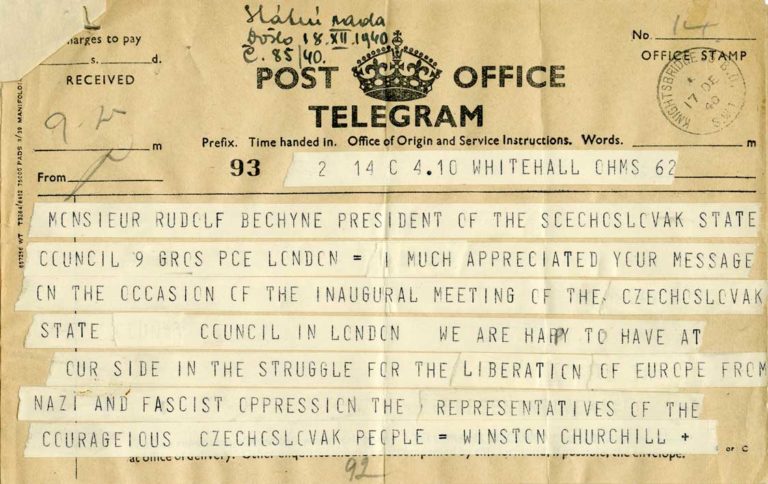 Telegram britského premiéra Winstona Churchilla předsedovi Státní rady Rudolfu Bechyněmu k zasedání Státní rady