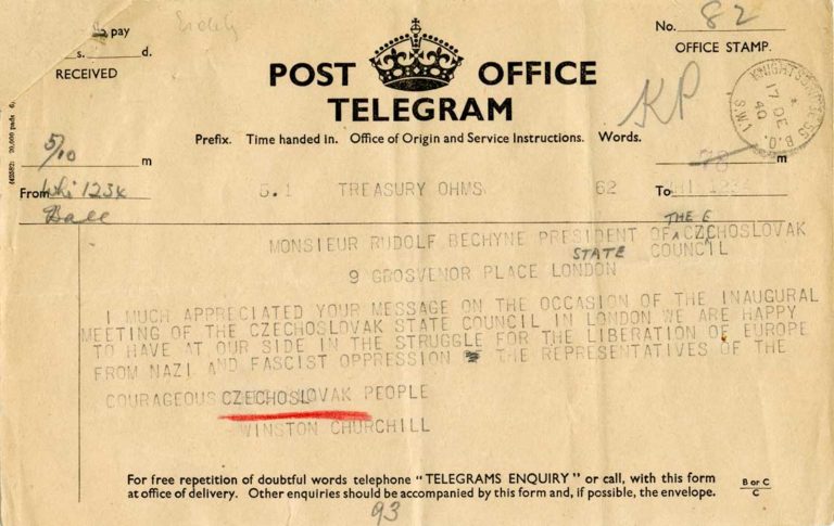 Telegram britského premiéra Winstona Churchilla předsedovi Státní rady Rudolfu Bechyněmu k zasedání Státní rady