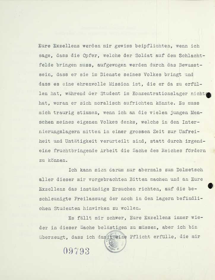 Žádost Emila Háchy o propuštění studentů internovaných po listopadu 1939 v koncentračních táborech adresovaná K. von Neurathovi