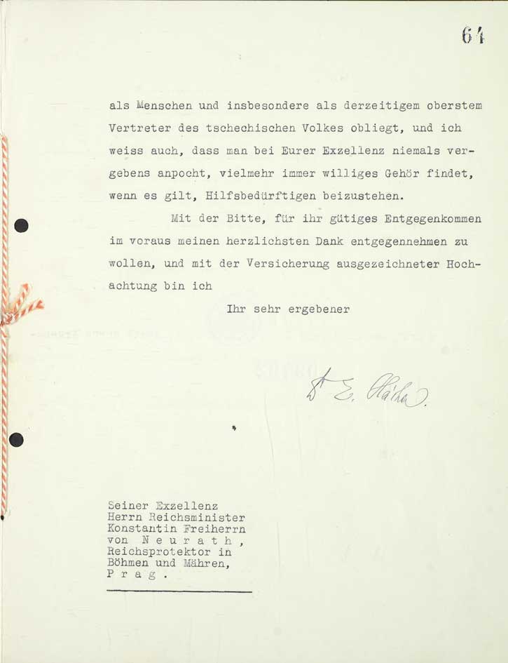 Žádost Emila Háchy o propuštění studentů internovaných po listopadu 1939 v koncentračních táborech adresovaná K. von Neurathovi