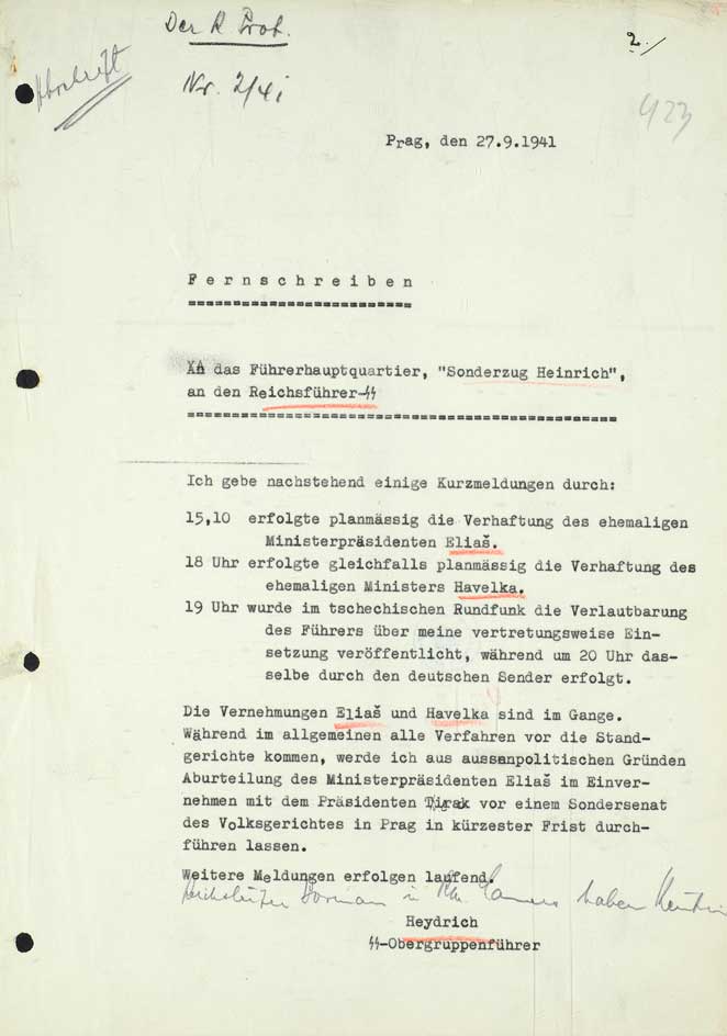 Dálnopis Reinharda Heydricha říšskému vůdci SS a policie Heinrichu Himmlerovi o prvních opatřeních v Praze po jeho nástupu do funkce zastupujícího říšského protektora