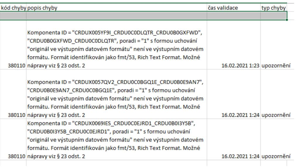 Ukázka seznamu Chyby importu