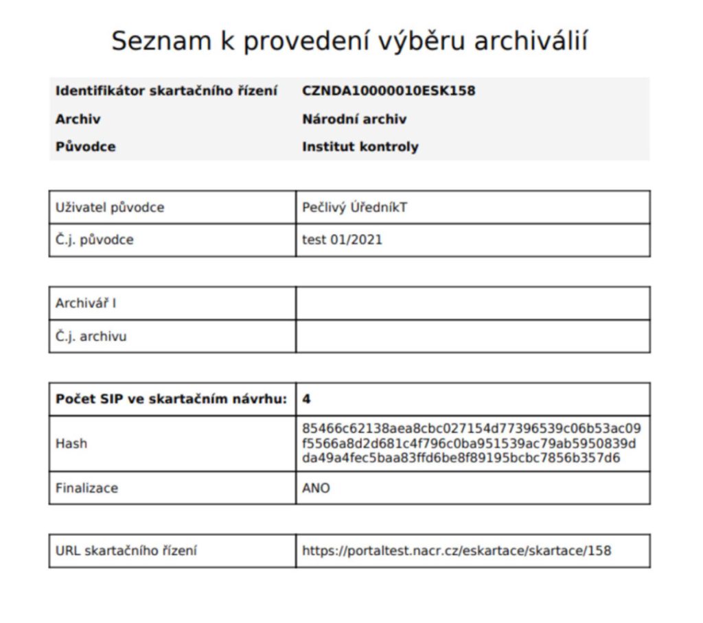 Seznam k provedení výběru archiválií