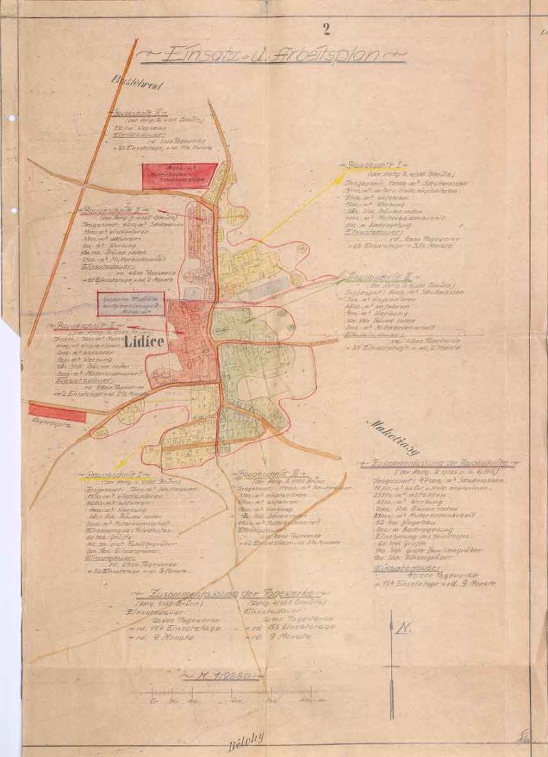 Plán Lidic s vyznačením jednotlivých demoličních úseků a vyčíslením prací potřebných na úplnou likvidaci obce