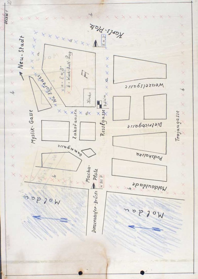 Mapka okolí kostela sloužící k nasazení německých ozbrojených složek (červen 1942)