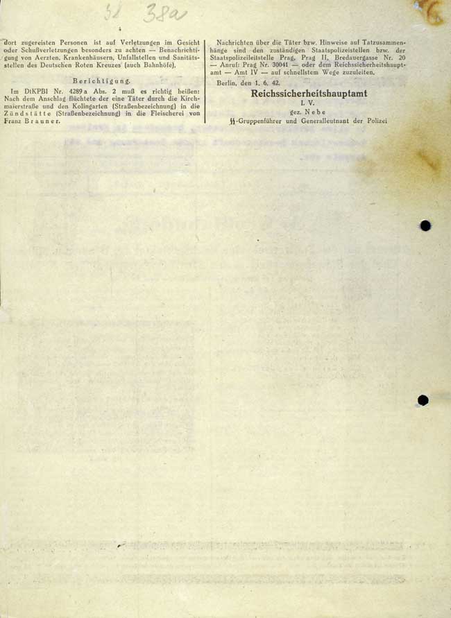 Deutsches Kriminalpolizeiblatt, Jahrg. 15, z 1. a 2. června 1942 (zvl. vydání), s popisem pachatelů a předmětů zajištěných po atentátu na R. Heydricha