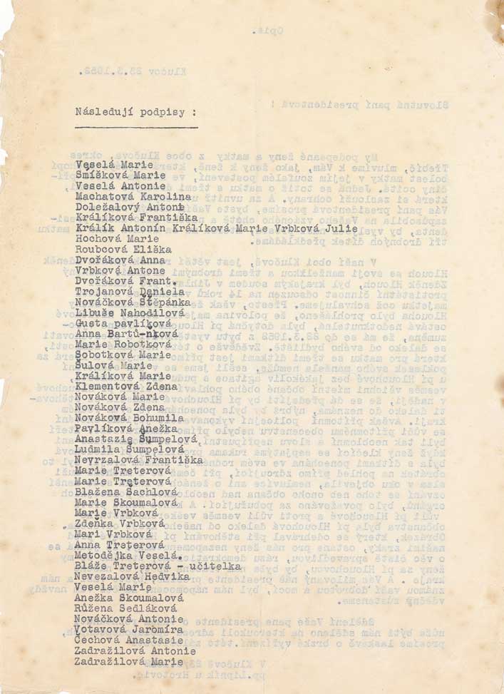 Opis dopisu obyvatel Klučova proti vystěhování rodiny