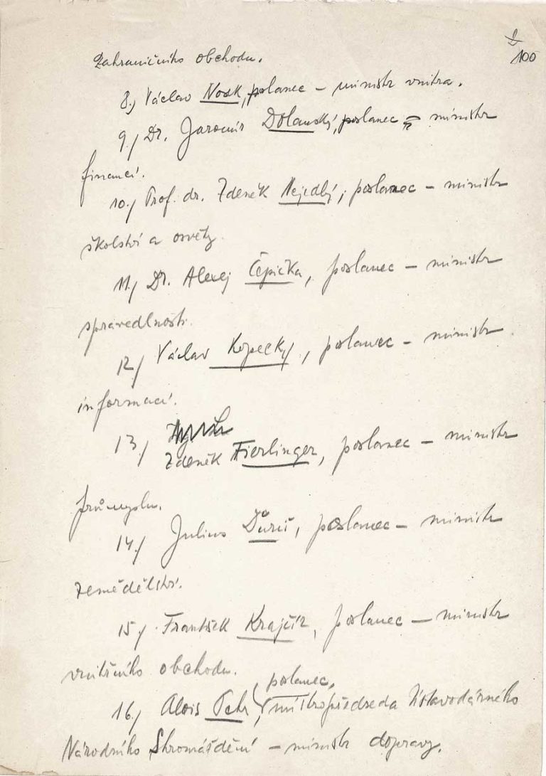 Rukopis dopisu předsedy vlády prezidentu republiky Edvardu Benešovi s návrhem nové vlády