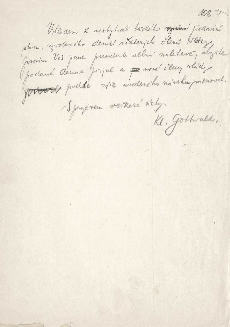Rukopis dopisu předsedy vlády prezidentu republiky Edvardu Benešovi s návrhem nové vlády