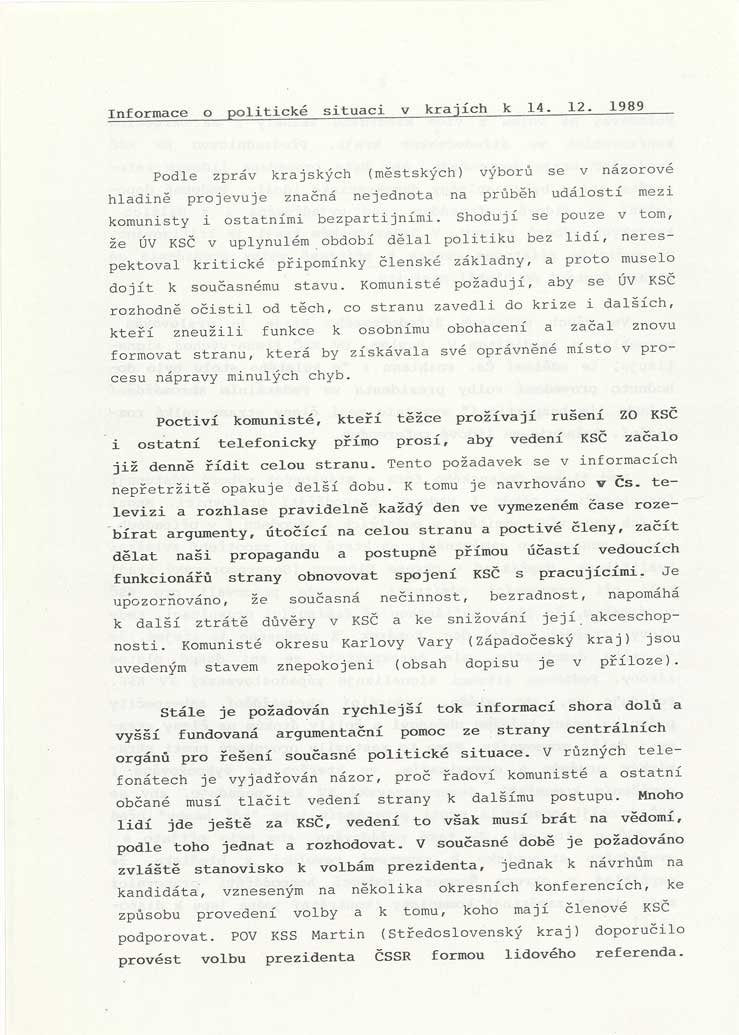 Vnitrostranická informace o událostech roku 1989, politickoorganizačního oddělení ÚV KSČ