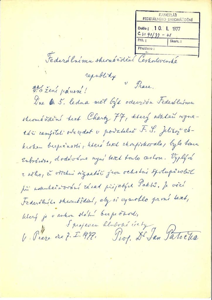 Dopis Jana Patočky Federálnímu shromáždění
