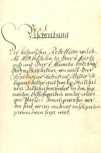 Titulní list rukopisu z 18. století s popisem českého stavovského povstání od Jaroslava Bořity z Martinic