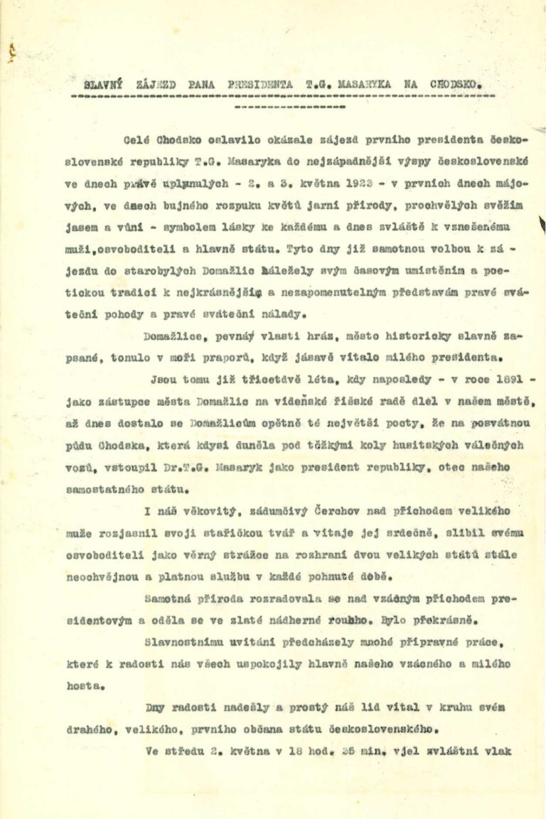 Zpráva o návštěvě TGM v Domažlicích, 1933