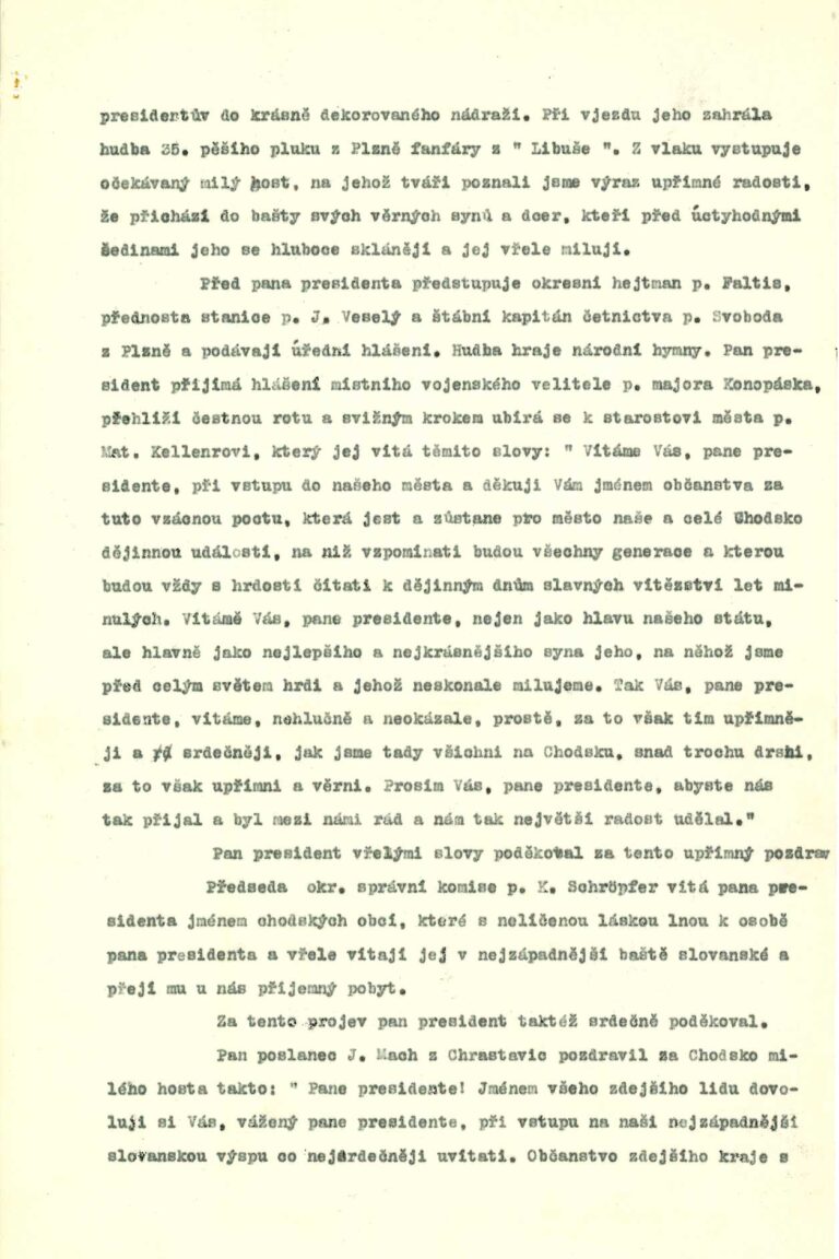 Zpráva o návštěvě TGM v Domažlicích, 1933