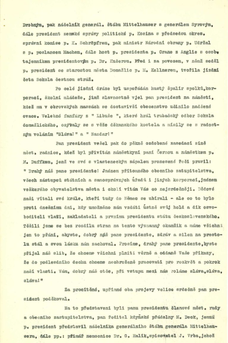 Zpráva o návštěvě TGM v Domažlicích, 1933