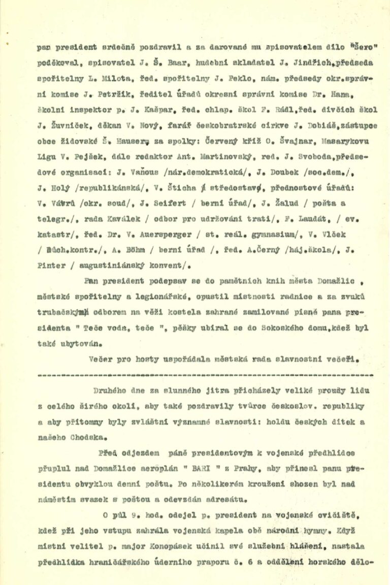 Zpráva o návštěvě TGM v Domažlicích, 1933