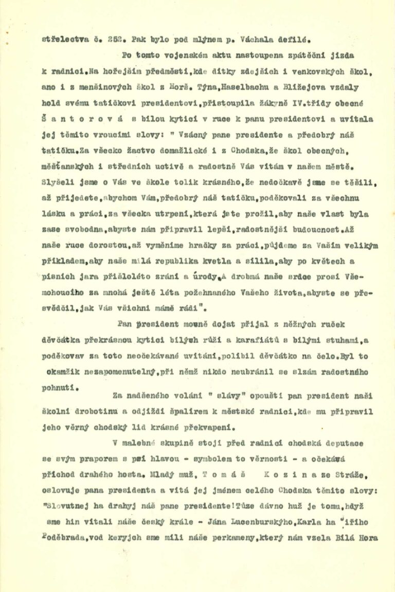 Zpráva o návštěvě TGM v Domažlicích, 1933