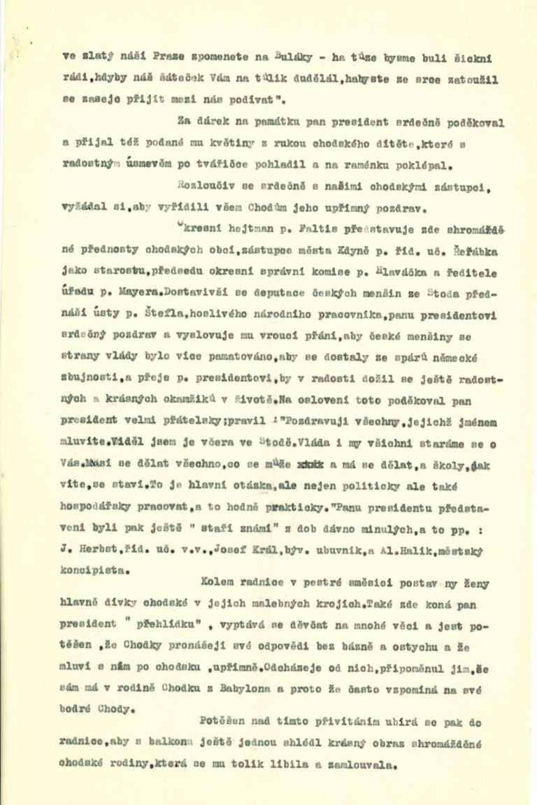 Zpráva o návštěvě TGM v Domažlicích, 1933