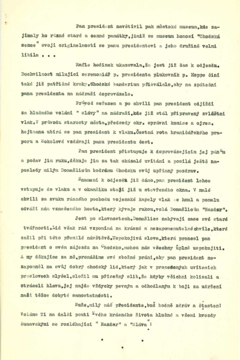 Zpráva o návštěvě TGM v Domažlicích, 1933