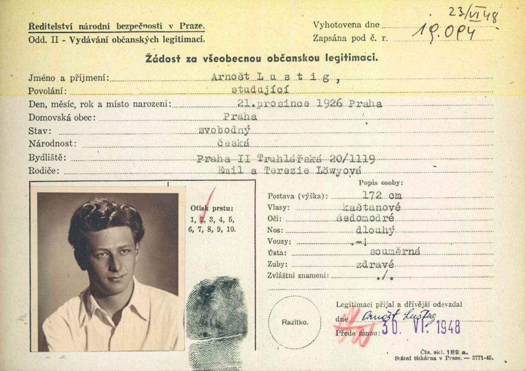 Žádost o občanskou legitimaci Arnošta Lustiga z rok 1948, f. PŘ Praha II – VS