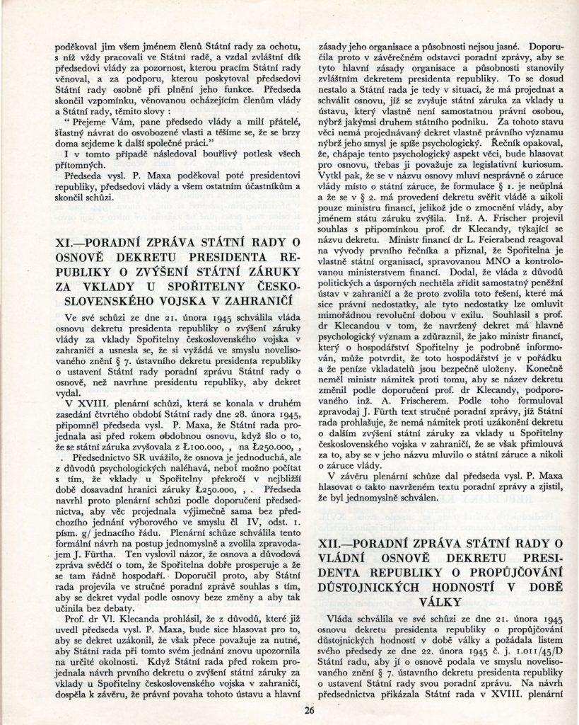 Zprávy Státní rady, č. 2, 1945, roč. V., s. 25–26.