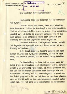 Dopis vrchního velitele skupiny armád Střed F. Schörnera německému státnímu ministrovi K. H. Frankovi obsahující mj. hodnocení vojenské situace v protektorátu a popis nepřátelských pozic.
