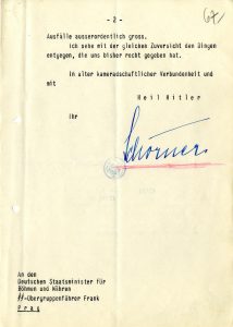 Dopis vrchního velitele skupiny armád Střed F. Schörnera německému státnímu ministrovi K. H. Frankovi obsahující mj. hodnocení vojenské situace v protektorátu a popis nepřátelských pozic.