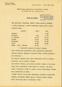 Podrobný prezidentův program připravený kanceláří ministra vnitra V. Noska. Zachycuje jízdu vlakem z Blanska do Prahy a poté cestu z Hlavního (dříve Wilsonova) nádraží centrem města na Staroměstské náměstí, kde proběhlo slavnostní uvítání, přes Karlův most a Malou Stranu na Pražský hrad.