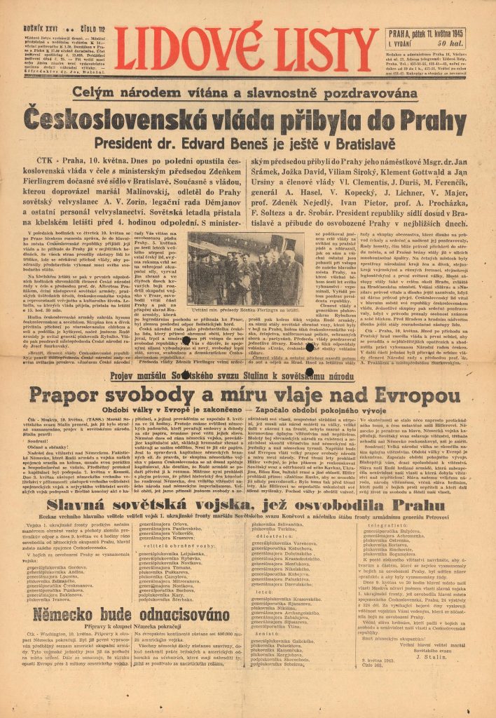Lidové listy (deník Československé strany lidové) uvádějí na své titulní straně rozsáhlou informaci o příletu československé vlády z Bratislavy do osvobozeného hlavního města, kde ji vítaly davy Pražanů.