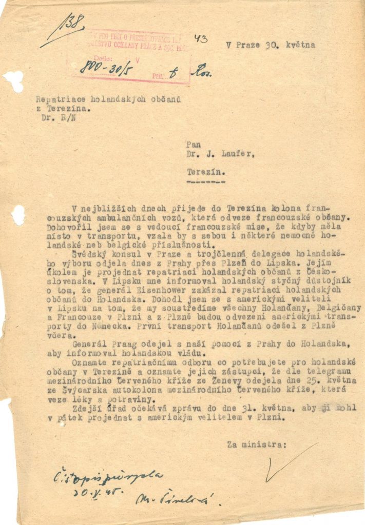 Informace o komplikované repatriaci bývalých holandských vězňů z Terezína zpět do vlasti.