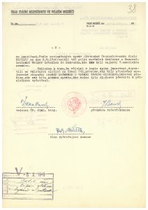 Žádost Úřadu státní bezpečnosti ve Velkém Meziříčí Ministerstva zahraničních věcí o pomoc při vydání válečných zločinců.