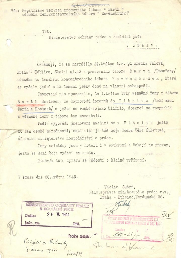 Oznámení V. Šubrta Ministerstvu ochrany práce a sociální péče o situaci žen z pracovního tábora Barth (pobočky koncentračního tábora Ravensbrück) čekajících na repatriaci, mezi nimiž se nachází i jeho dcera.