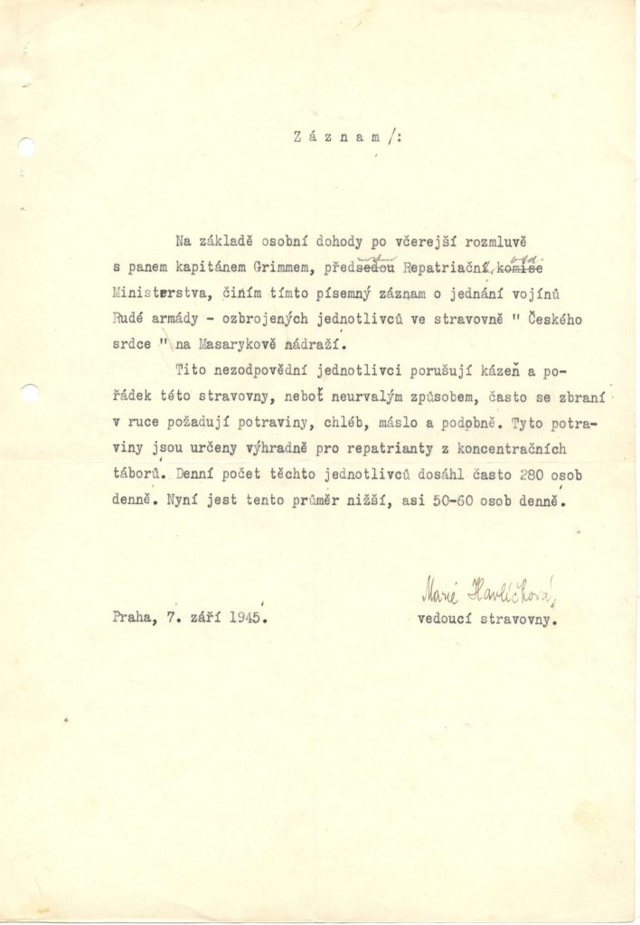 Stížnost vedoucí stravovny pro repatrianty Českého srdce na neurvalé chování sovětských vojáků.