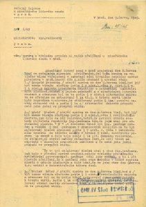 Zpráva veřejného žalobce u Mimořádného lidového soudu v Brně E. Čermáka pro Ministerstvo spravedlnosti o hlavním přelíčení z 8. 6. 1945, při němž byly vyneseny první dva rozsudky smrti.