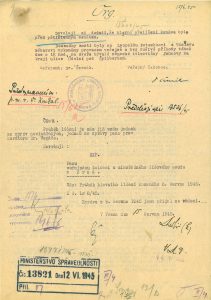Zpráva veřejného žalobce u Mimořádného lidového soudu v Brně E. Čermáka pro Ministerstvo spravedlnosti o hlavním přelíčení z 8. 6. 1945, při němž byly vyneseny první dva rozsudky smrti.