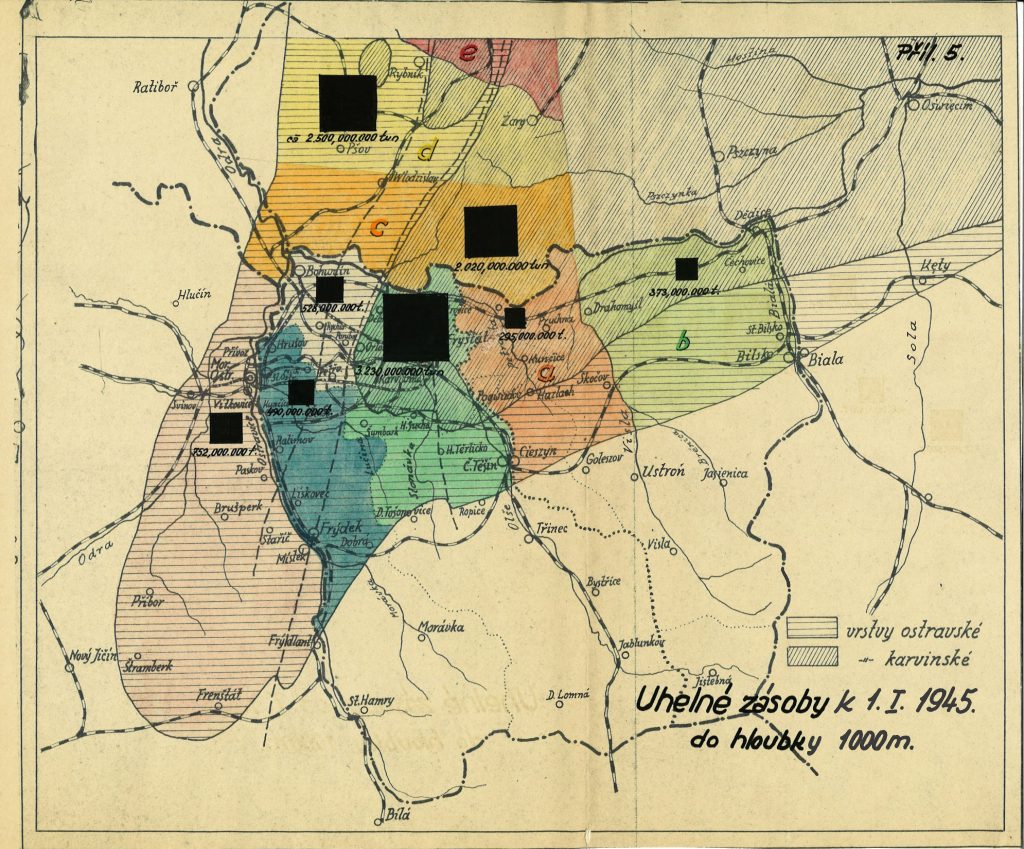 Mapa uhelných zásob do hloubky 1000 metrů (příloha č. 5 spisu báňského inspektora v Moravské Ostravě o důležitosti ostravsko-karvinského kamenouhelného revíru pro československý stát).