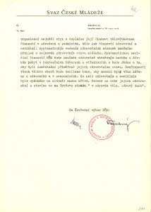 Program Svazu české mládeže podepsaný jeho předsedou V. Koutným, z něhož je patrné budoucí směřování mládežnické organizace. (Dodatečně mylně datováno květnem 1945.)