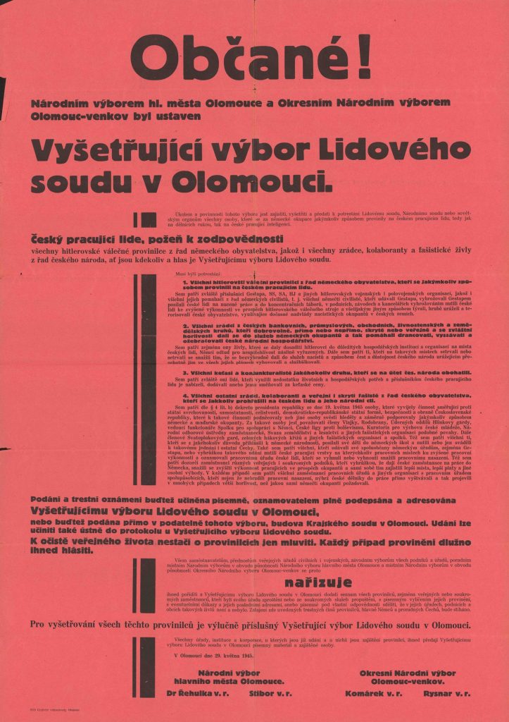 Vyhláška olomouckých národních výborů vyzývající občany k podávání informací o osobách kompromitovaných s německým okupačním režimem.