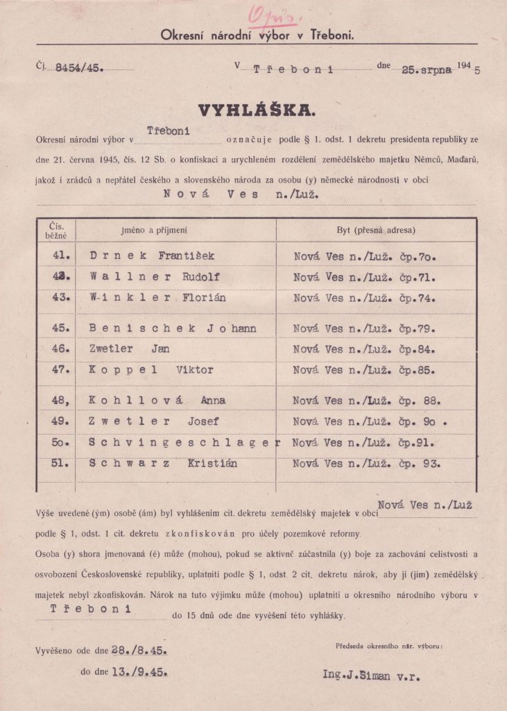 Vyhláška ONV v Třeboni o konfiskaci zemědělského majetku osobám německé národnosti v Nové Vsi nad Lužnicí.