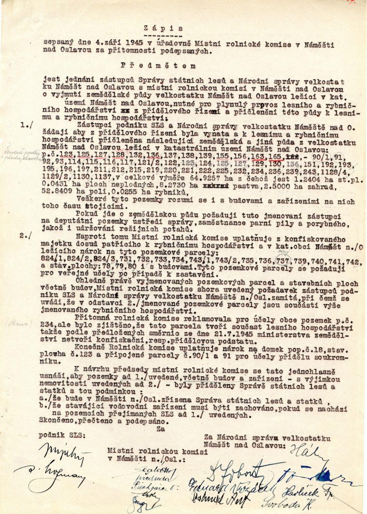 Zápis o jednání zástupců Správy státních lesů a Národní správy velkostatku Náměšť nad Oslavou s Místní rolnickou komisí v Náměšti nad Oslavou o přídělového řízení na uvedeném velkostatku (bývalý majetek J. Haugwitze).
