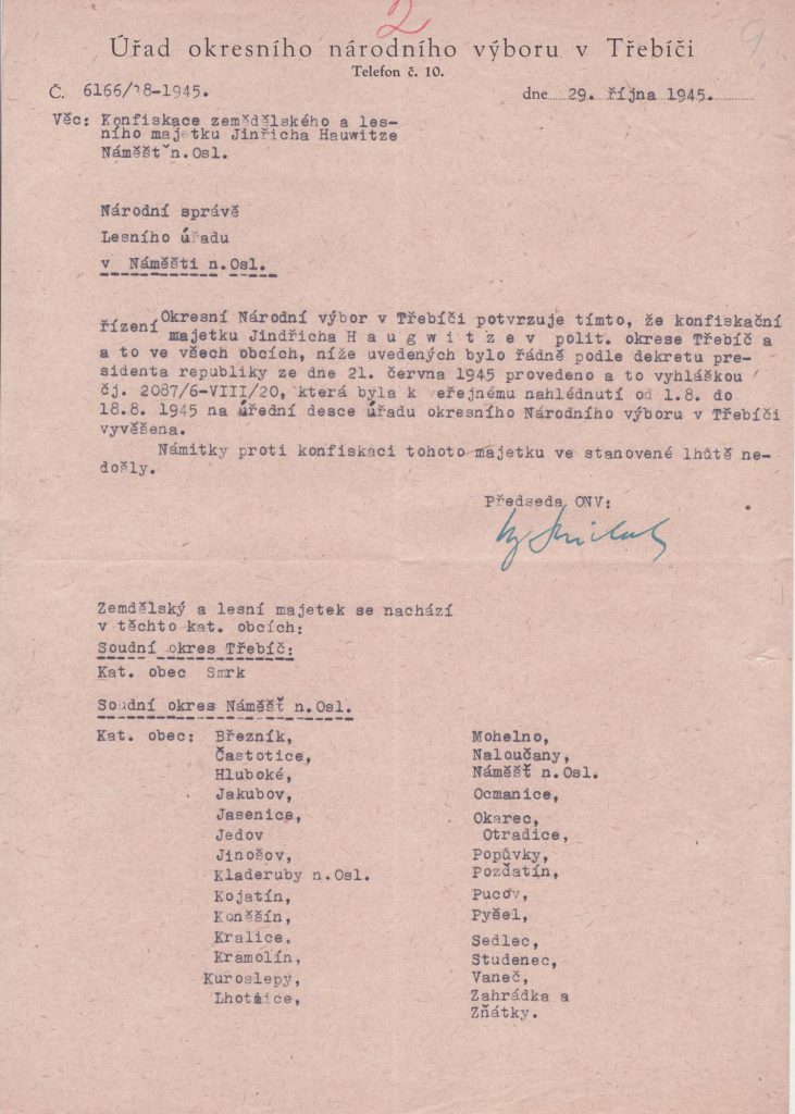 Potvrzení ONV v Třebíči o provedení konfiskačního řízení na velkostatku Náměšť nad Oslavou (bývalý majetek J. Haugwitze).