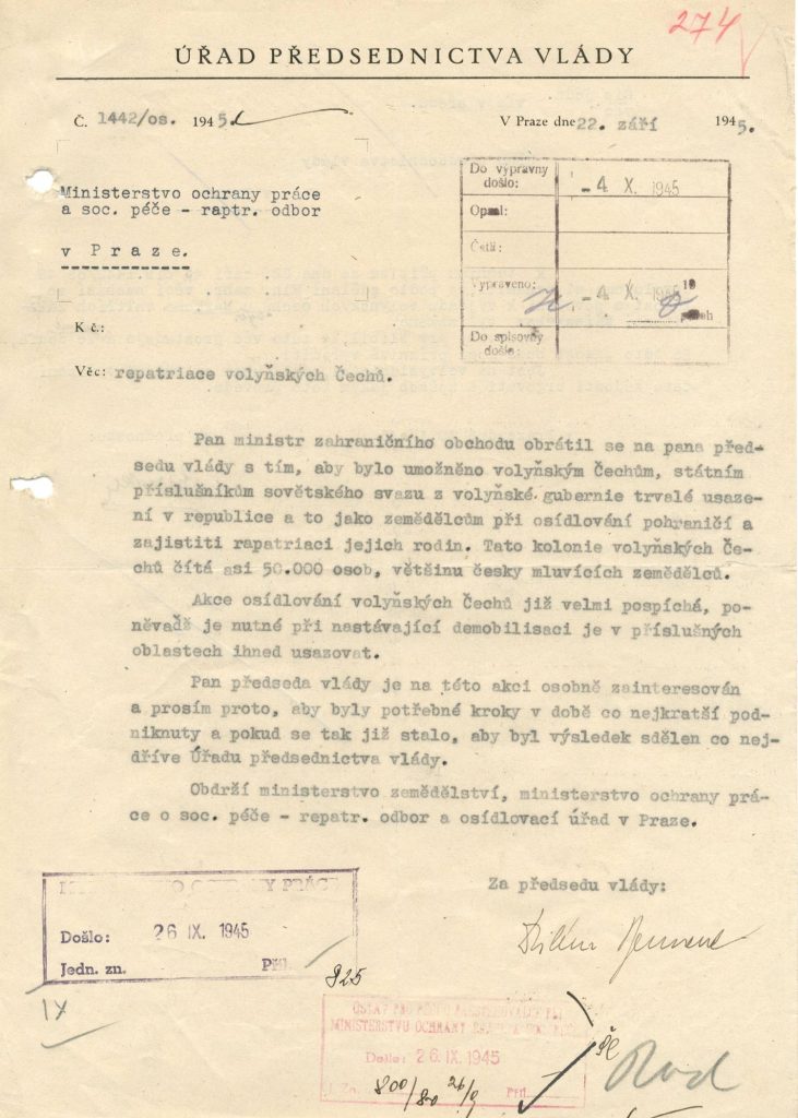 Žádost Úřadu předsednictva vlády Ministerstvu ochrany práce a sociální péče o urychlení příprav repatriace volyňských Čechů.