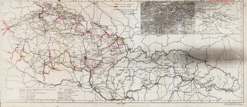 Mapa Československa s vyznačením plánovaných repatriačních tras a příhraničních měst vhodných pro ubytování repatriantů, vypracovaná před koncem války exilovým Ministerstvem sociální péče.