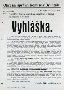 Vyhláška Okresní správní komise v Bruntále k provádění prezidentského dekretu č. 33/1945.
