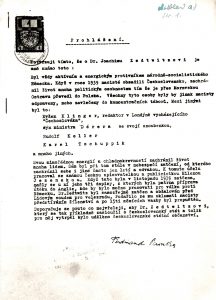 Prohlášení F. Peroutky o protinacistickém chování J. von Zedtwitze. (ze Zedtwitzovy žádosti o zachování čs. státního občanství)