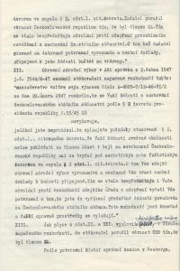 Stížnost proti rozhodnutí Ministerstva vnitra o neudělení státního občanství s popisem protinacistického chování J. von Zedtwitze za okupace, podaná jeho advokátem.